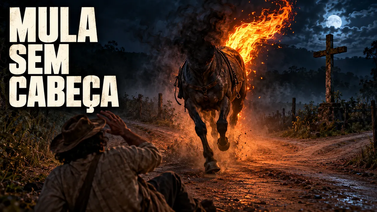 A headless mule with fire at its tail runs along a dirt road at night beside a cross; a man raises his hand, with his hat on the ground. Portuguese words name the Headless Mule.