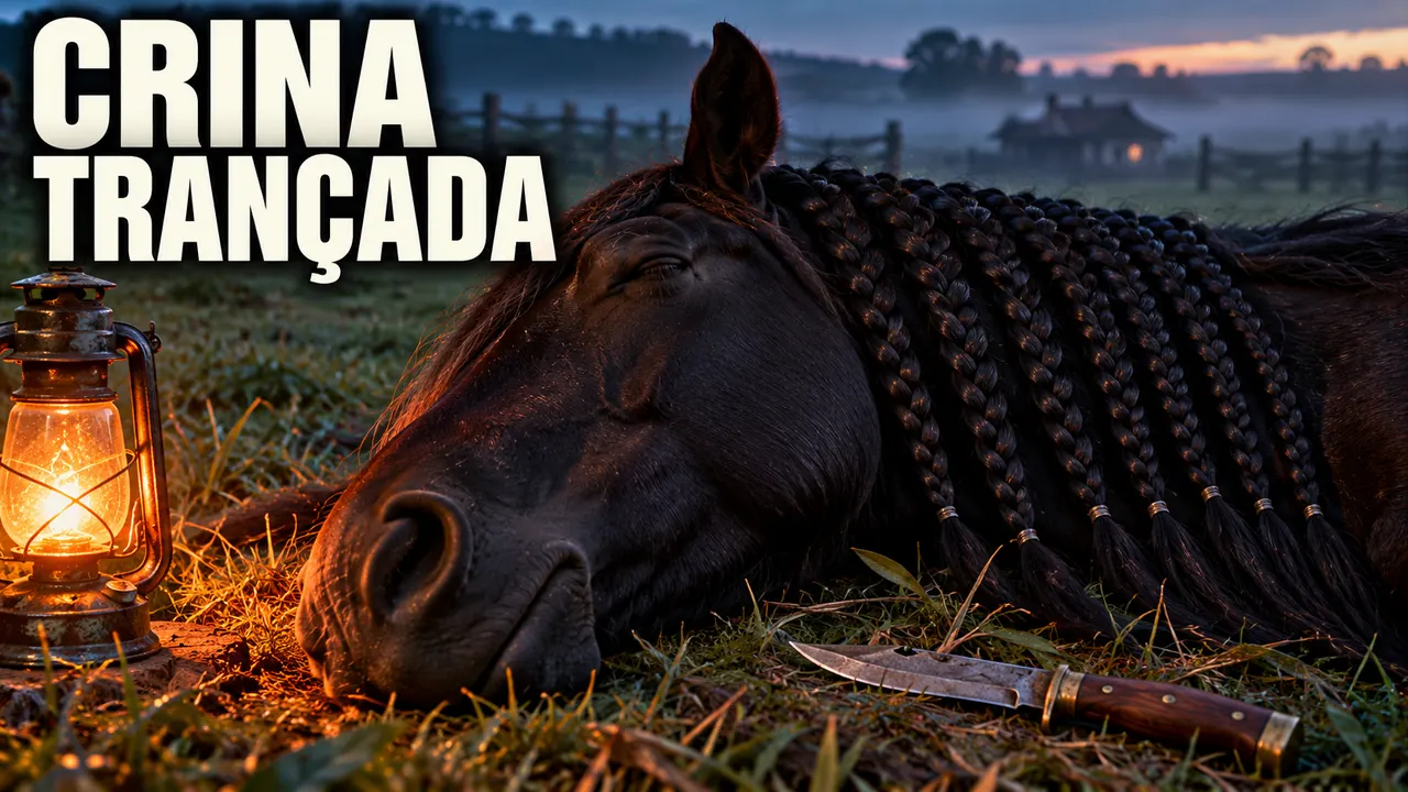 A black horse lies in a pasture at dawn, its mane in fine braids, with a lit oil lamp and a knife beside it; Portuguese words meaning Braided mane appear above.